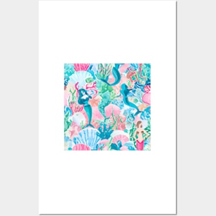 Mermaids playing in a coral reef Posters and Art